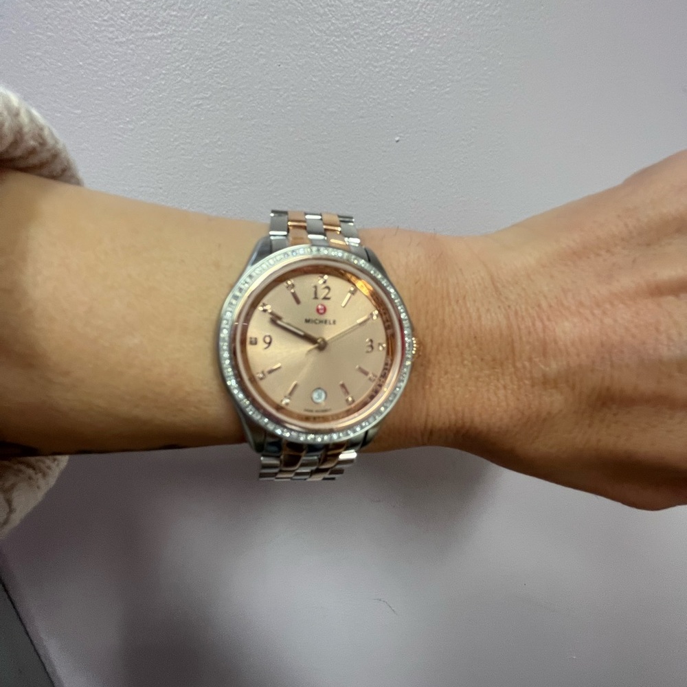 Michele Belmore Diamond Watch with Rose Gold & Stainless Steel Band